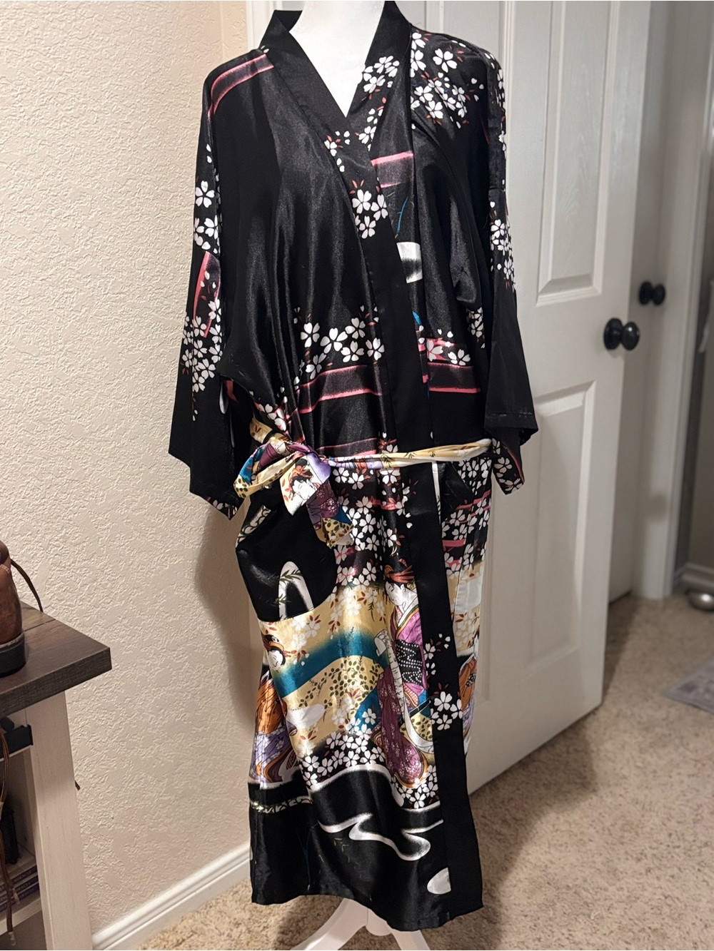 Women's Black Satin Floral Kimono Robe with Multicolor Accents